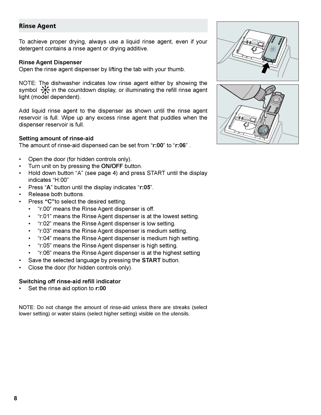 Bosch Appliances 9000373507 manual Rinse Agent Dispenser, Switching off rinse-aid reill indicator 