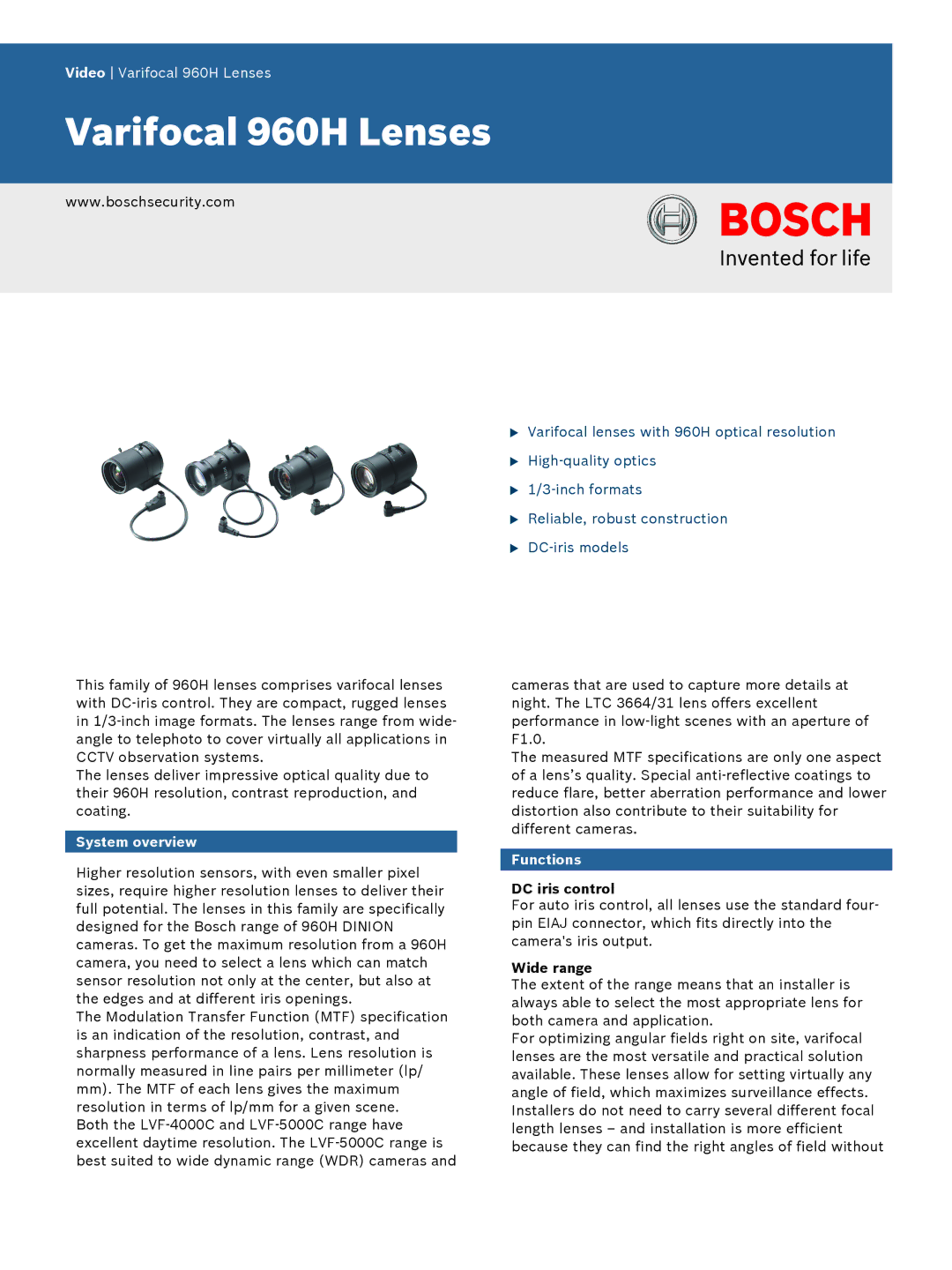 Bosch Appliances 960H specifications System overview, Functions, DC iris control, Wide range 