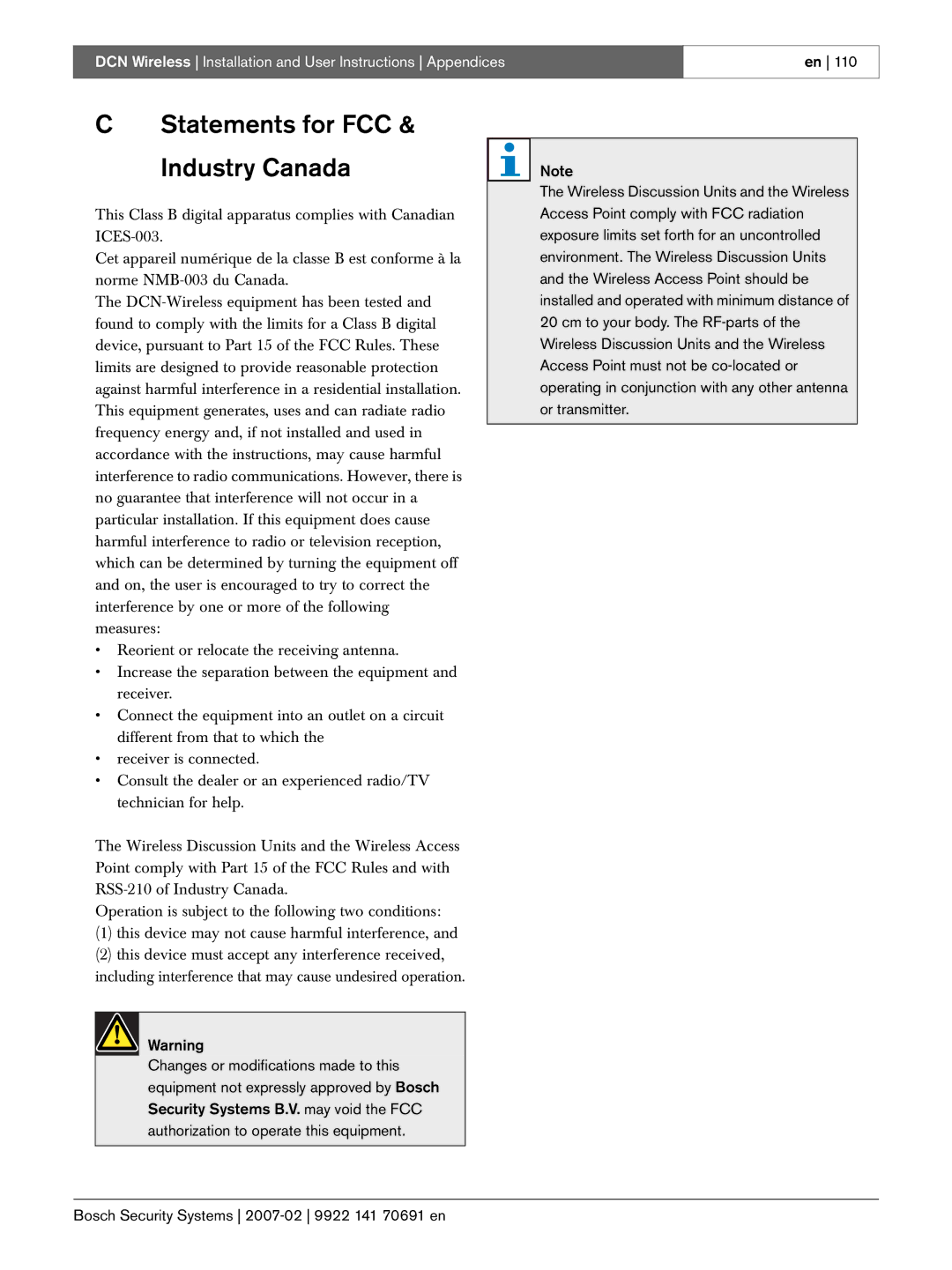 Bosch Appliances 9922 141 70691 en manual Statements for FCC & Industry Canada 