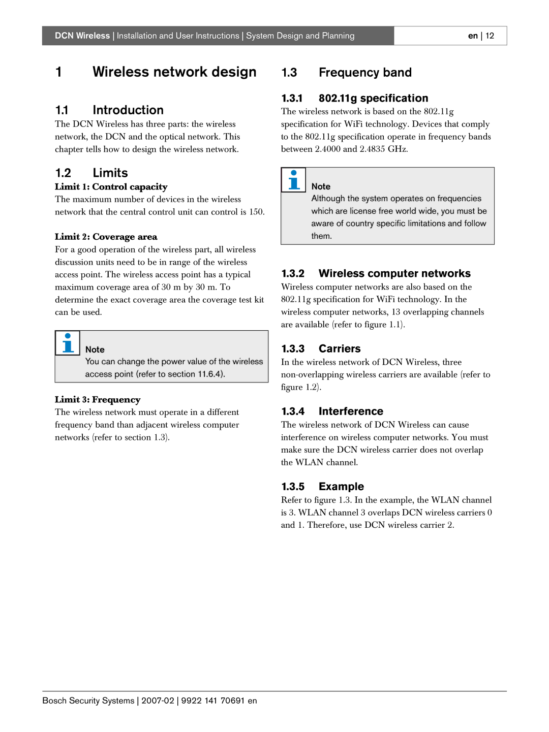 Bosch Appliances 9922 141 70691 en manual Wireless network design, Frequency band, Introduction, Limits 