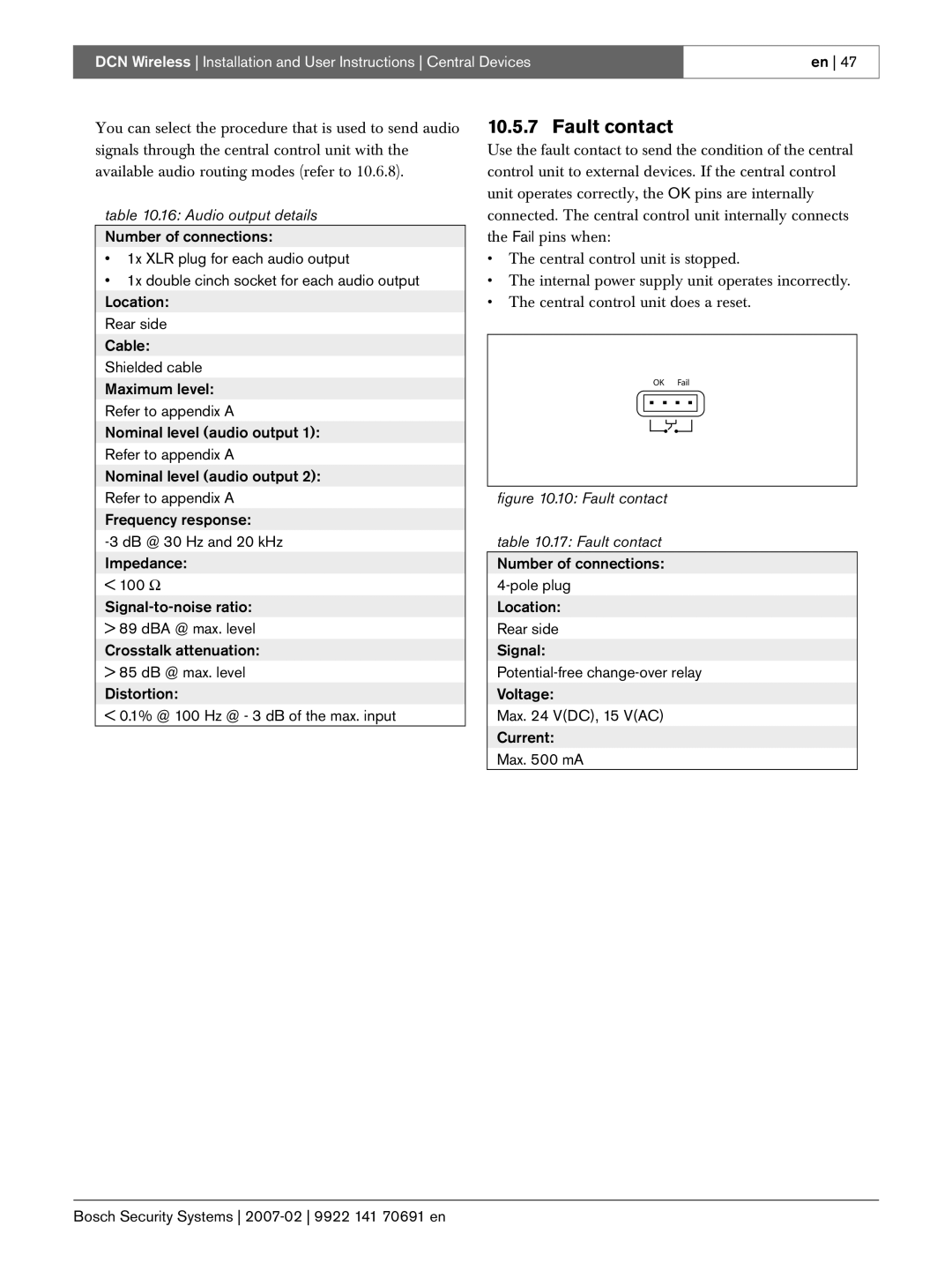 Bosch Appliances 9922 141 70691 en manual Fault contact, Audio output details 