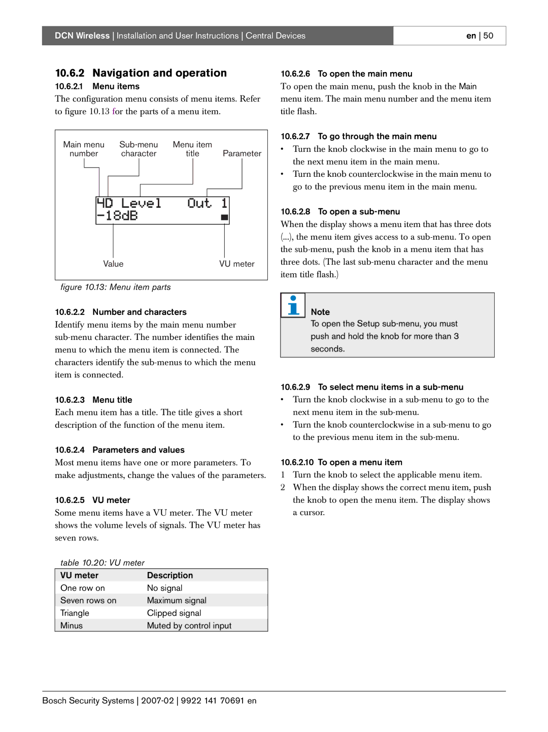 Bosch Appliances 9922 141 70691 en manual Navigation and operation, VU meter 