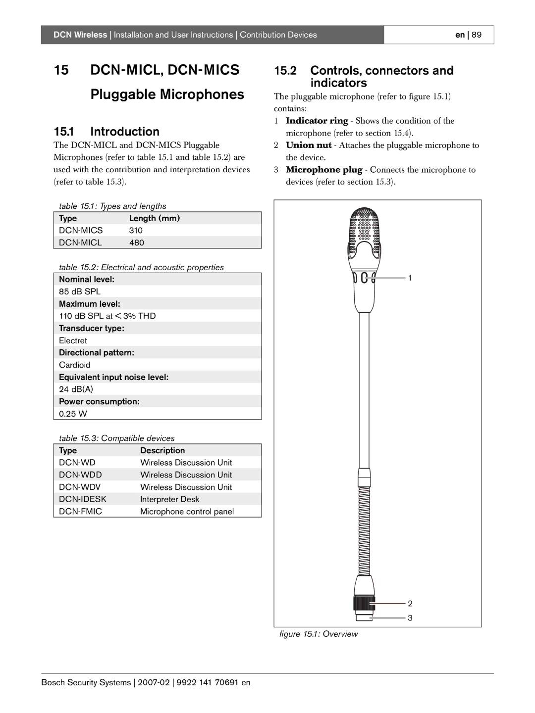 Bosch Appliances 9922 141 70691 en manual DCN-MICL, DCN-MICS Pluggable Microphones, Types and lengths, Compatible devices 