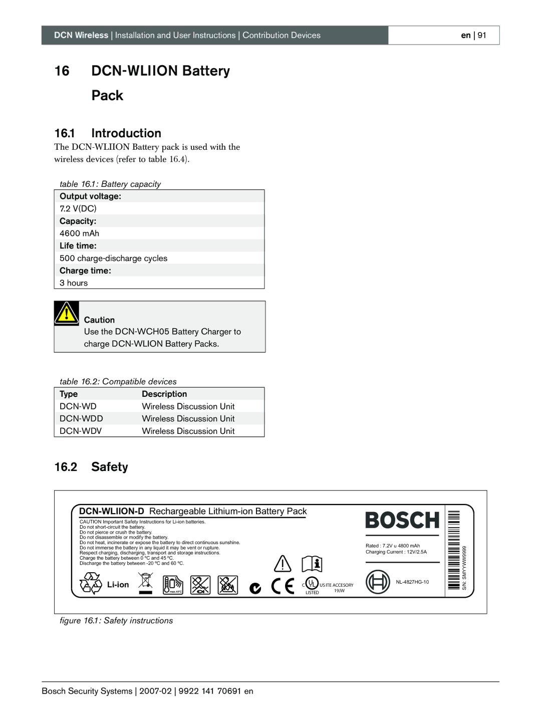 Bosch Appliances 9922 141 70691 en manual DCN-WLIION Battery Pack, Battery capacity 