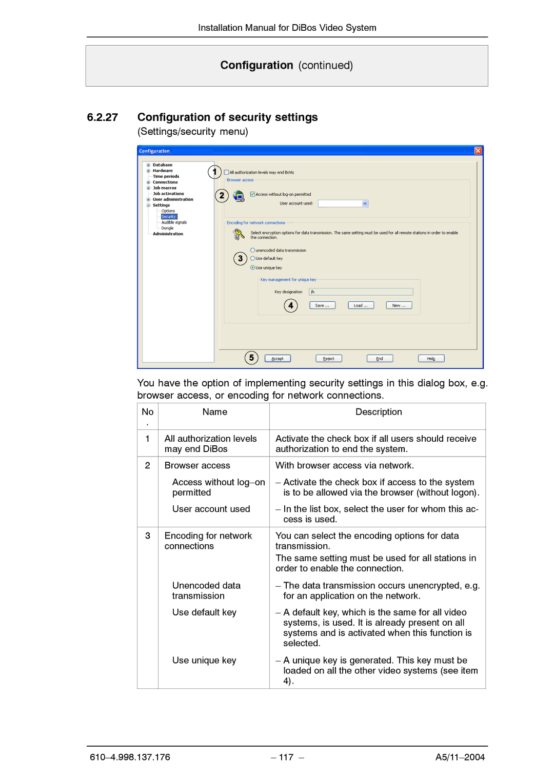 Bosch Appliances A5 installation manual Configuration Configuration of security settings 