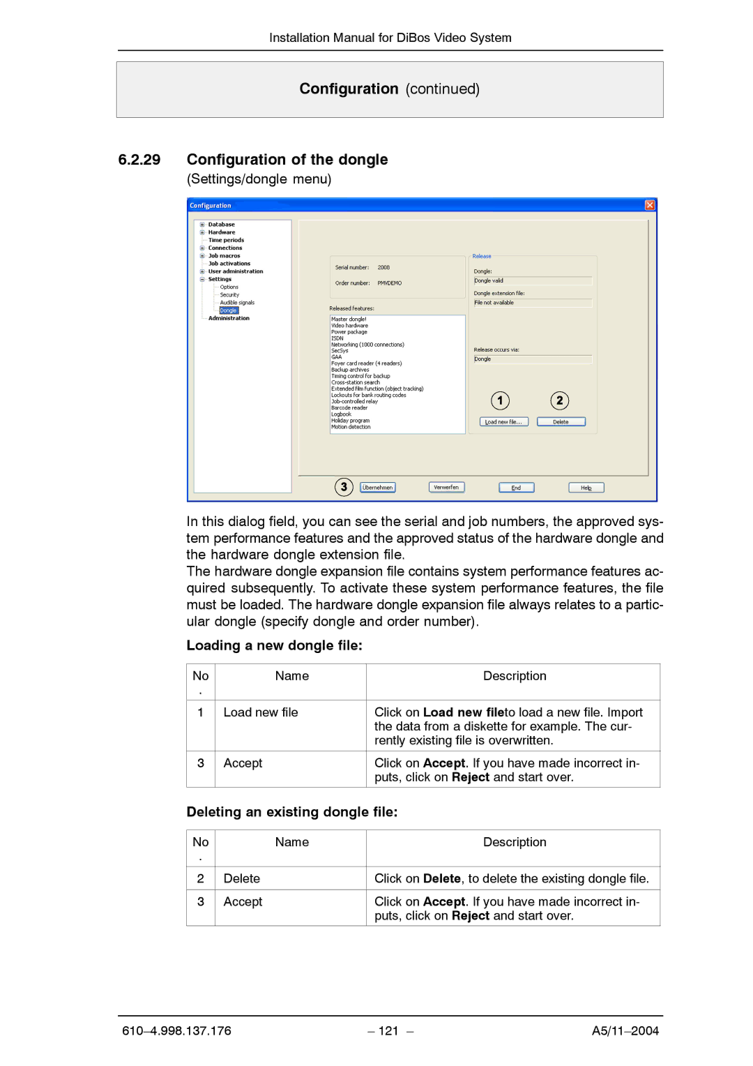 Bosch Appliances A5 Configuration Configuration of the dongle, Loading a new dongle file, Deleting an existing dongle file 