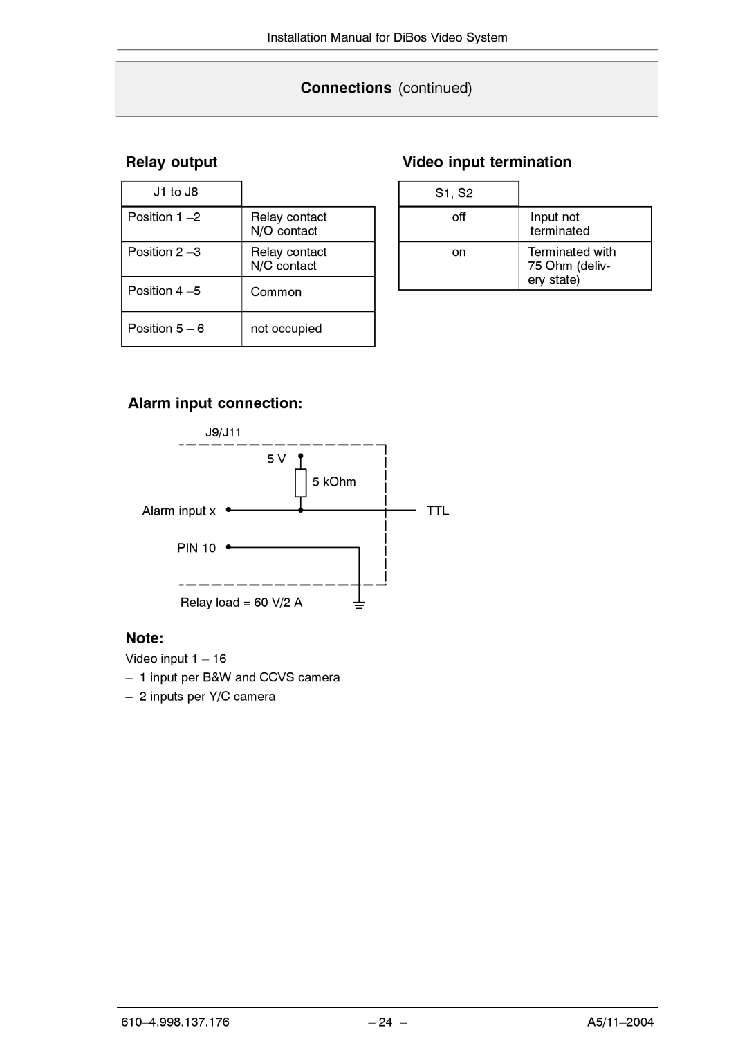 Bosch Appliances A5 installation manual Connections Relay output, Video input termination, Alarm input connection 