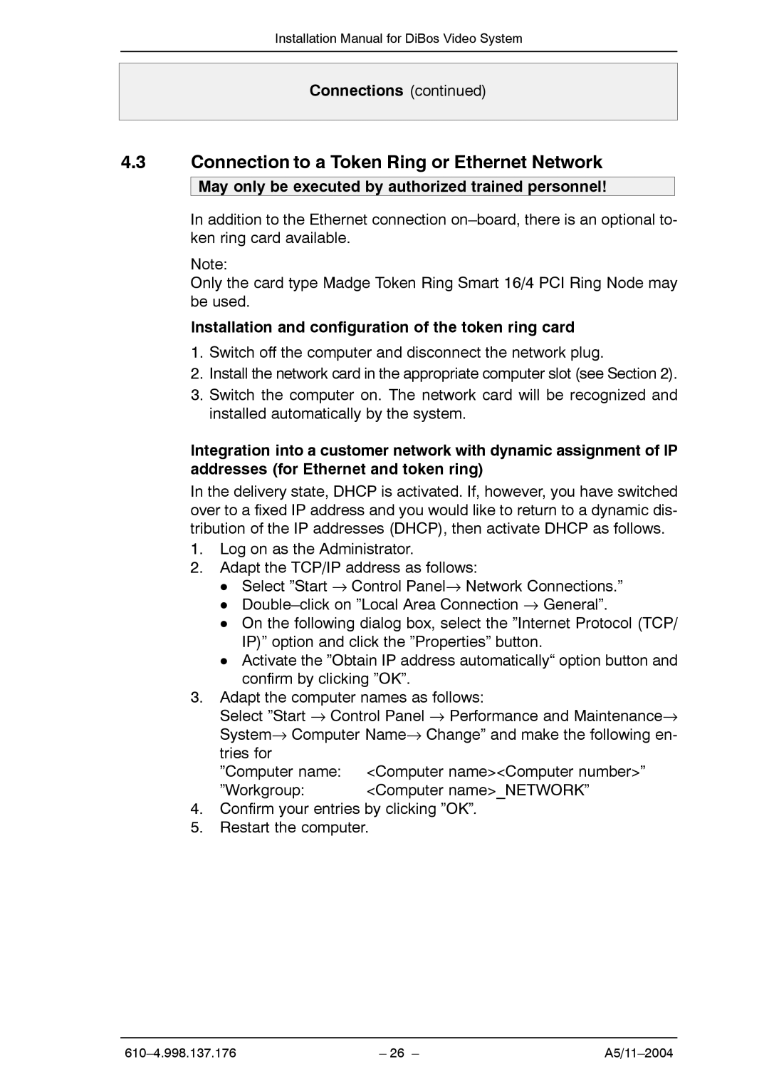 Bosch Appliances A5 Connection to a Token Ring or Ethernet Network, Installation and configuration of the token ring card 