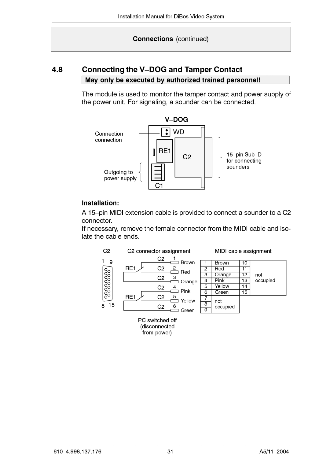 Bosch Appliances A5 installation manual Connecting the V-DOG and Tamper Contact, Installation 