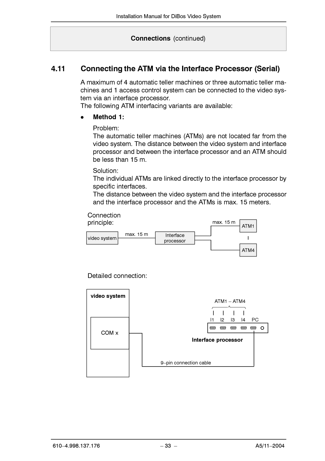 Bosch Appliances A5 installation manual Connecting the ATM via the Interface Processor Serial, Method, Interface processor 