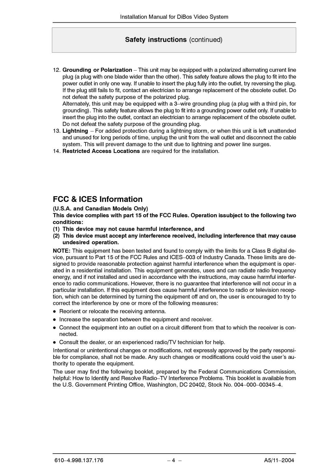 Bosch Appliances A5 installation manual FCC & Ices Information, Safety instructions 