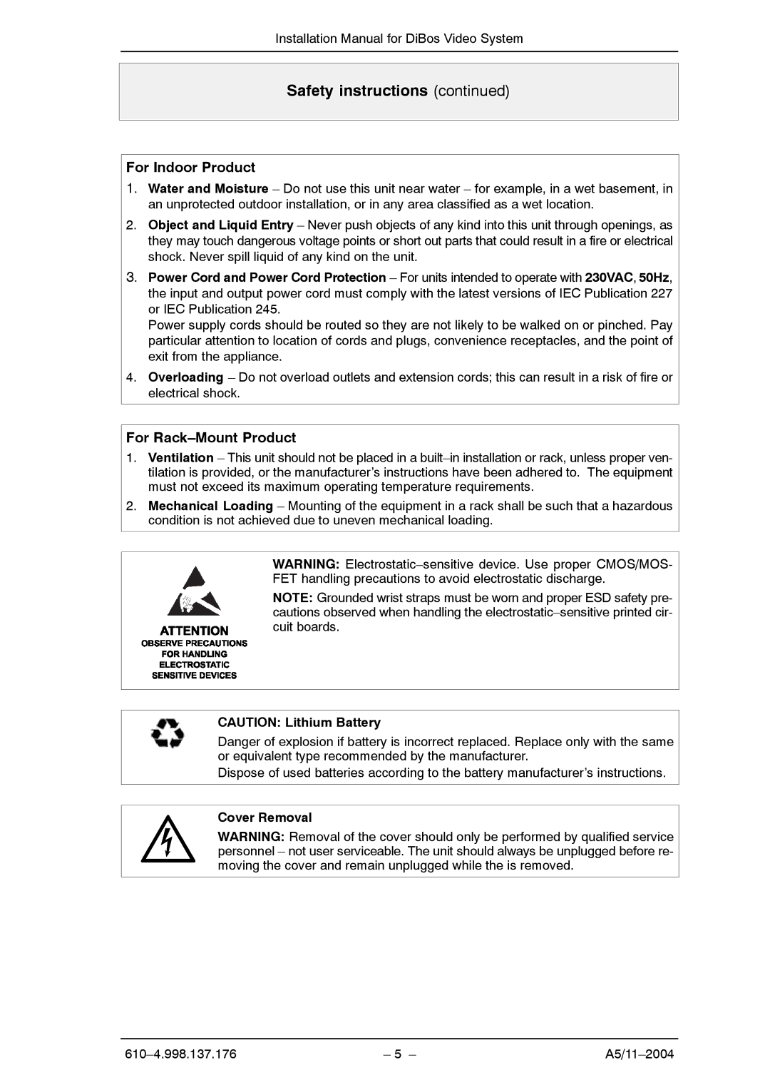 Bosch Appliances A5 installation manual For Indoor Product, For Rack-Mount Product, Cover Removal 