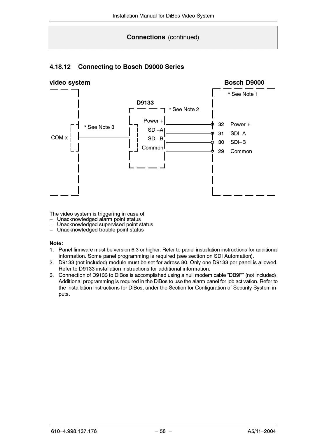 Bosch Appliances A5 installation manual Connections Connecting to Bosch D9000 Series video system, D9133 