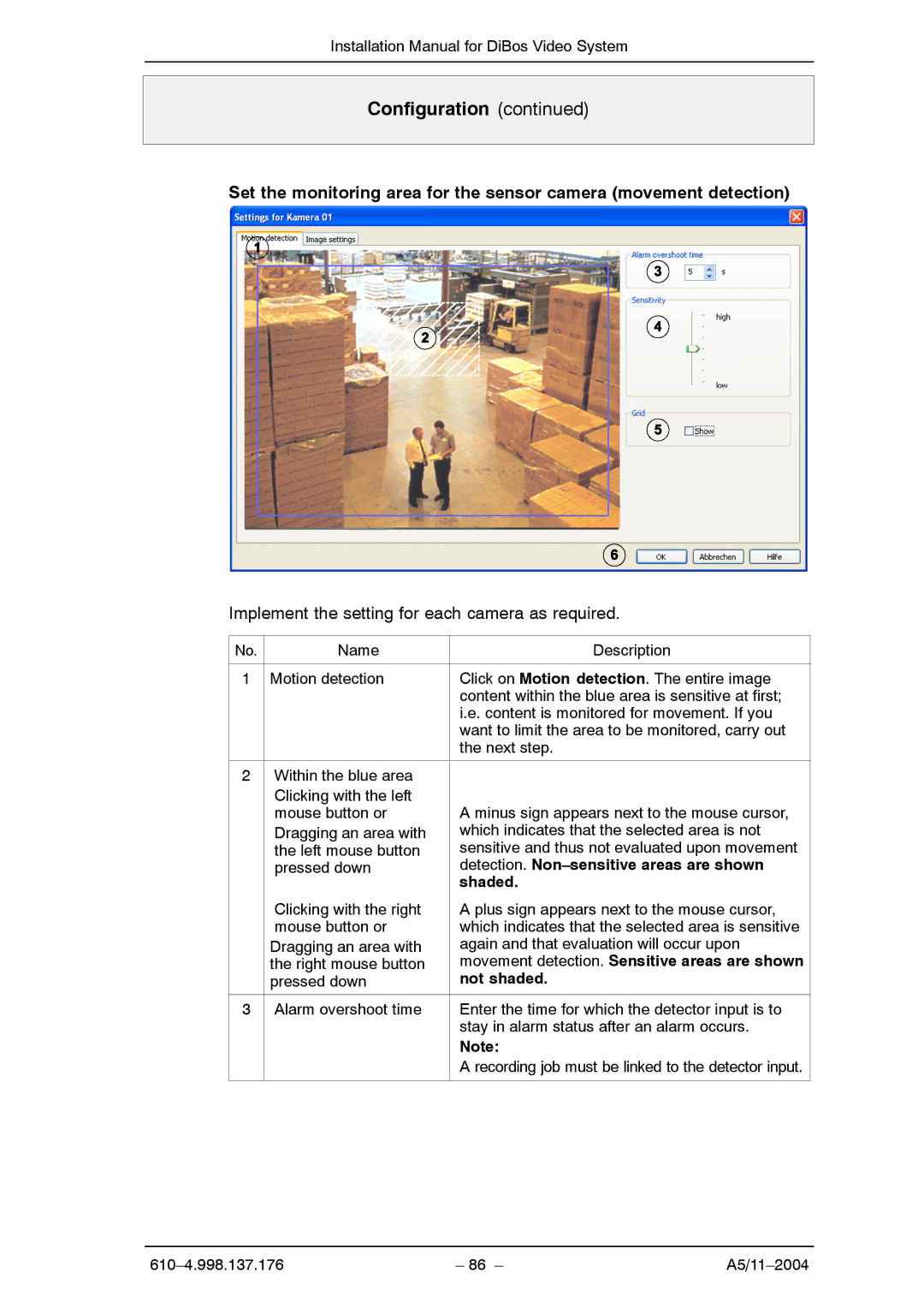 Bosch Appliances A5 Detection. Non-sensitive areas are shown, Shaded, Movement detection. Sensitive areas are shown 