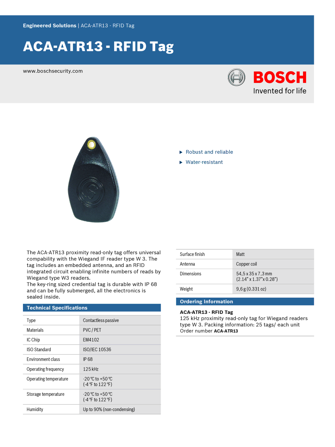 Bosch Appliances ACAATR13 technical specifications Engineered Solutions ACA-ATR13 Rfid Tag, Technical Specifications 