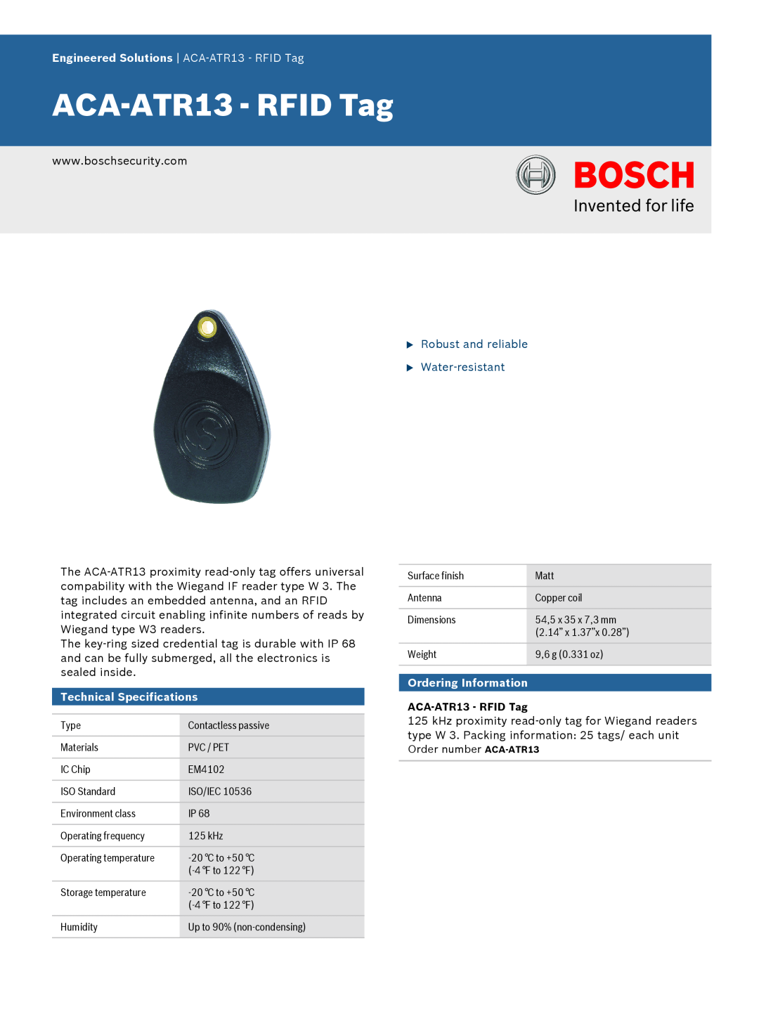 Bosch Appliances ACAATR13 technical specifications Engineered Solutions ACA-ATR13- RFID Tag, Technical Specifications 