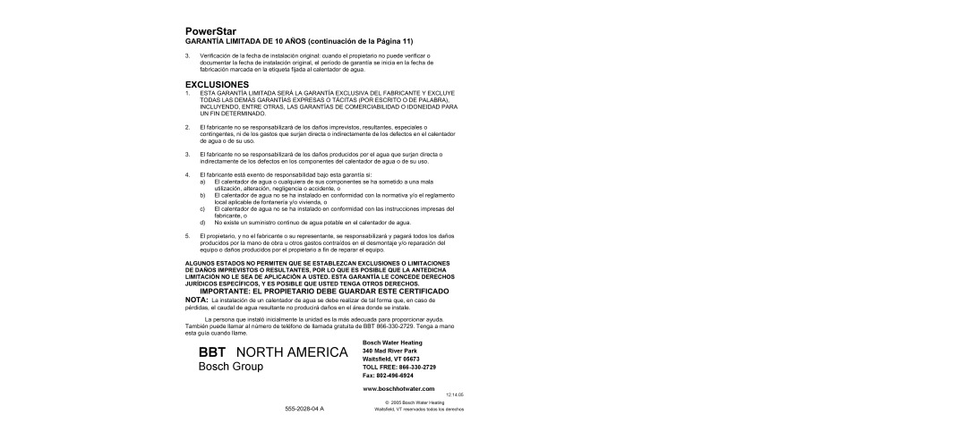 Bosch Appliances AE115 warranty Exclusiones, Garantía Limitada DE 10 Años continuación de la Página 