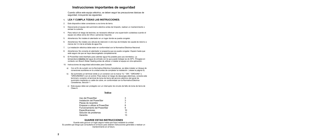 Bosch Appliances AE115 warranty Instrucciones importantes de seguridad, Índice 