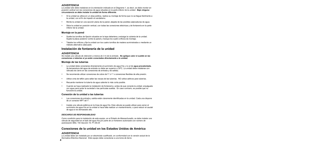 Bosch Appliances AE115 warranty Instalación de fontanería de la unidad 