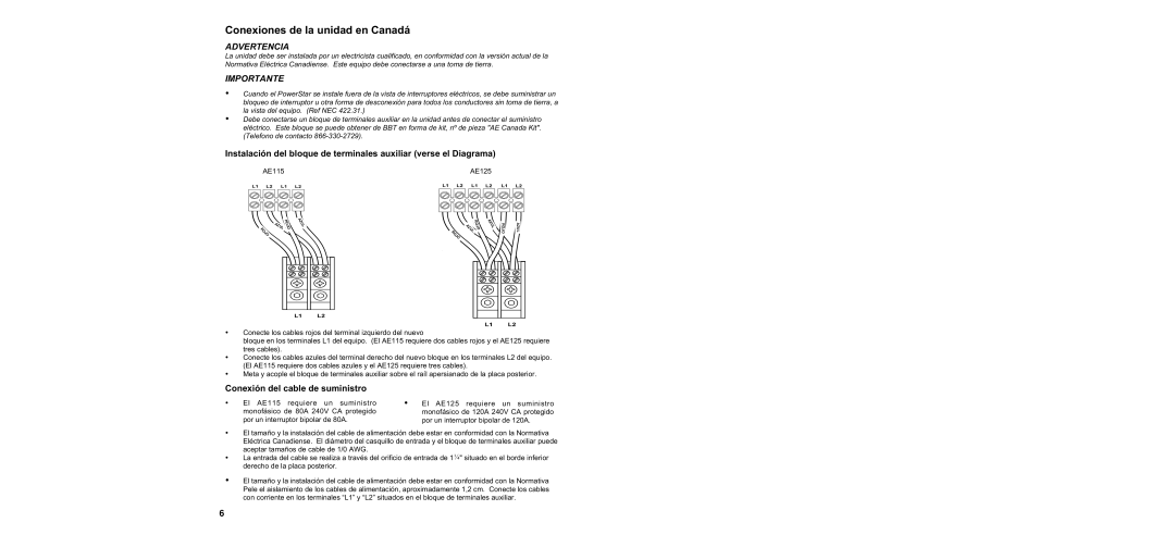 Bosch Appliances AE115 warranty Conexiones de la unidad en Canadá, Conexión del cable de suministro 