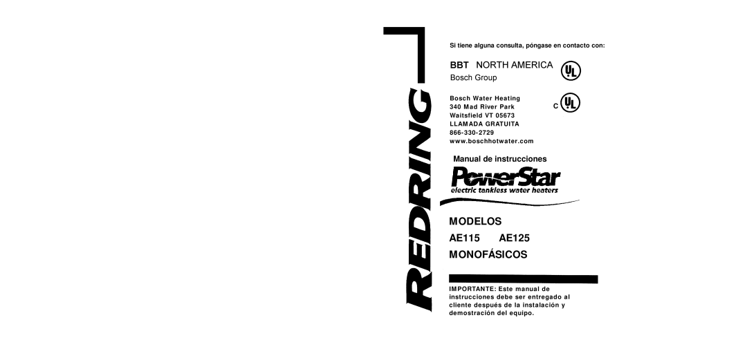 Bosch Appliances warranty MODELOS AE115 AE125 MONOFÁSICOS, Bbt North America, Bosch Group, Manual de instrucciones 