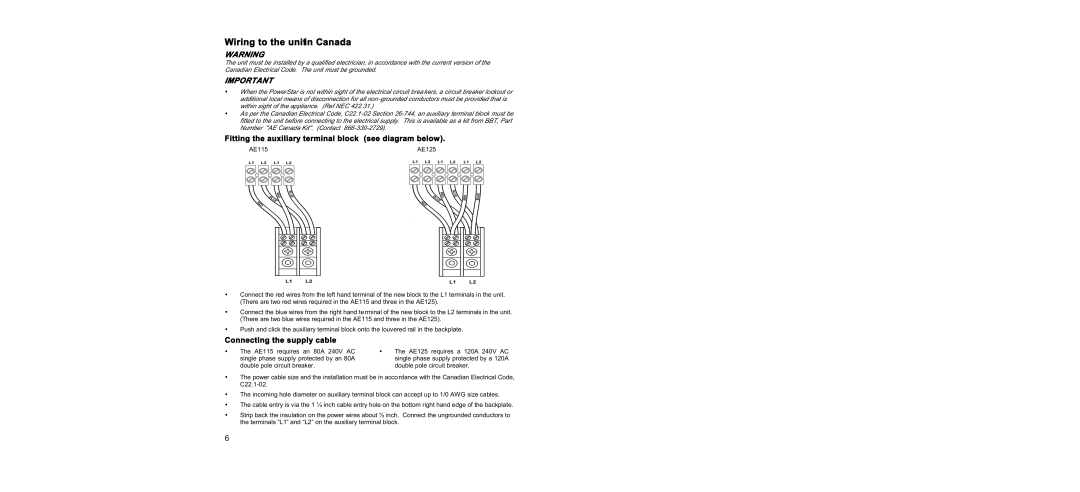 Bosch Appliances AE125 manual Wiring to the unitin Canada, Fitting the auxiliary terminal block see diagram below 