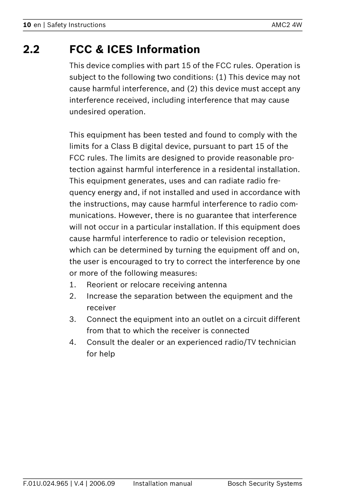 Bosch Appliances APC-AMC2-4WCF, APC-AMC2-4WUS installation manual FCC & Ices Information 