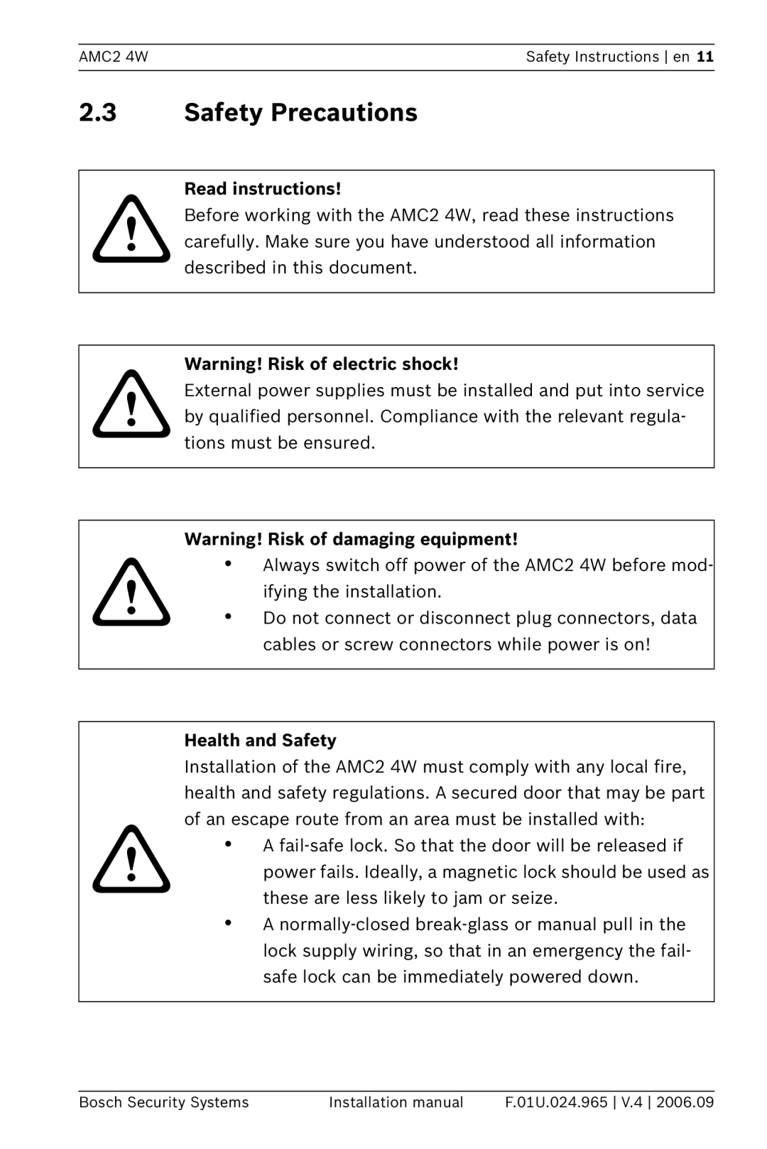 Bosch Appliances APC-AMC2-4WUS, APC-AMC2-4WCF Safety Precautions, Read instructions, Health and Safety 