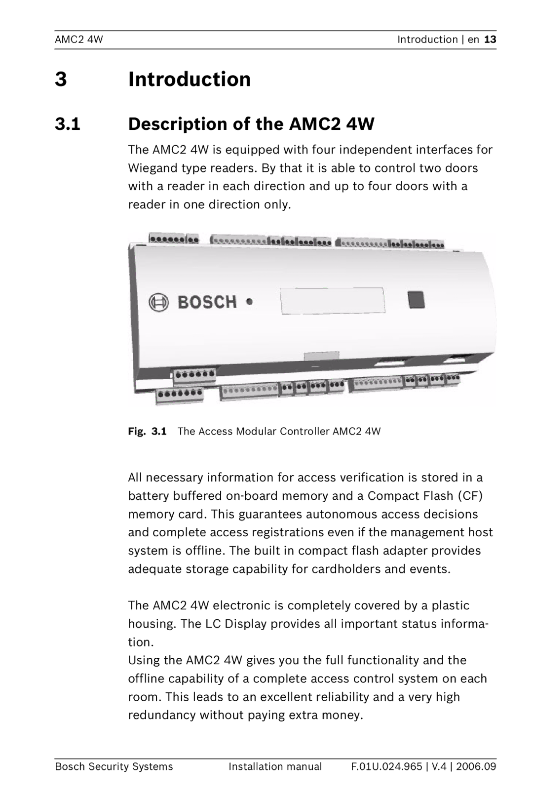 Bosch Appliances APC-AMC2-4WCF, APC-AMC2-4WUS installation manual Introduction, Description of the AMC2 4W 