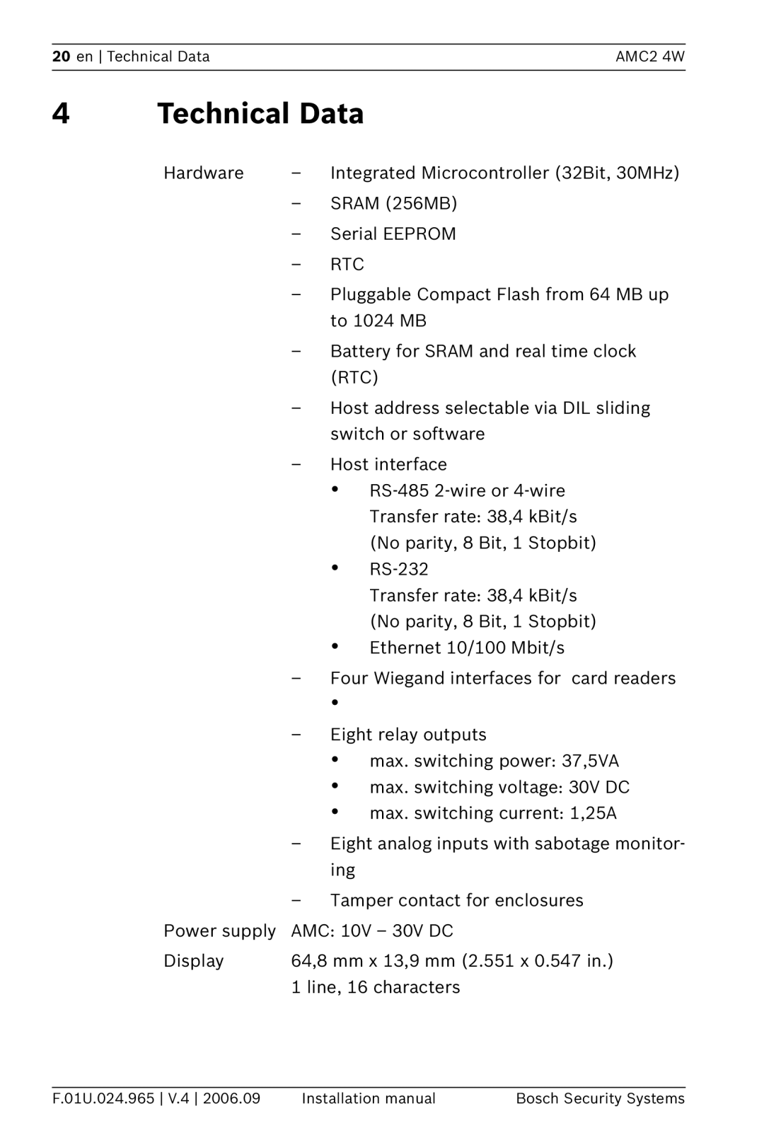 Bosch Appliances APC-AMC2-4WUS, APC-AMC2-4WCF installation manual Technical Data, Rtc 