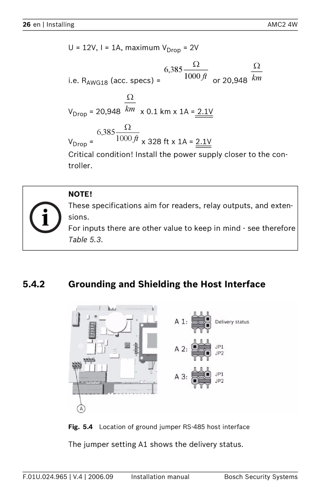 Bosch Appliances APC-AMC2-4W Grounding and Shielding the Host Interface, Location of ground jumper RS-485 host interface 