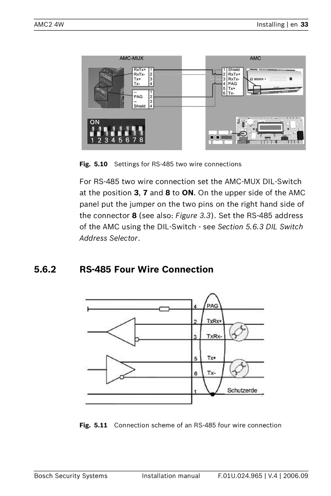 Bosch Appliances APC-AMC2-4WUS, APC-AMC2-4WCF 2 RS-485 Four Wire Connection, Settings for RS-485 two wire connections 