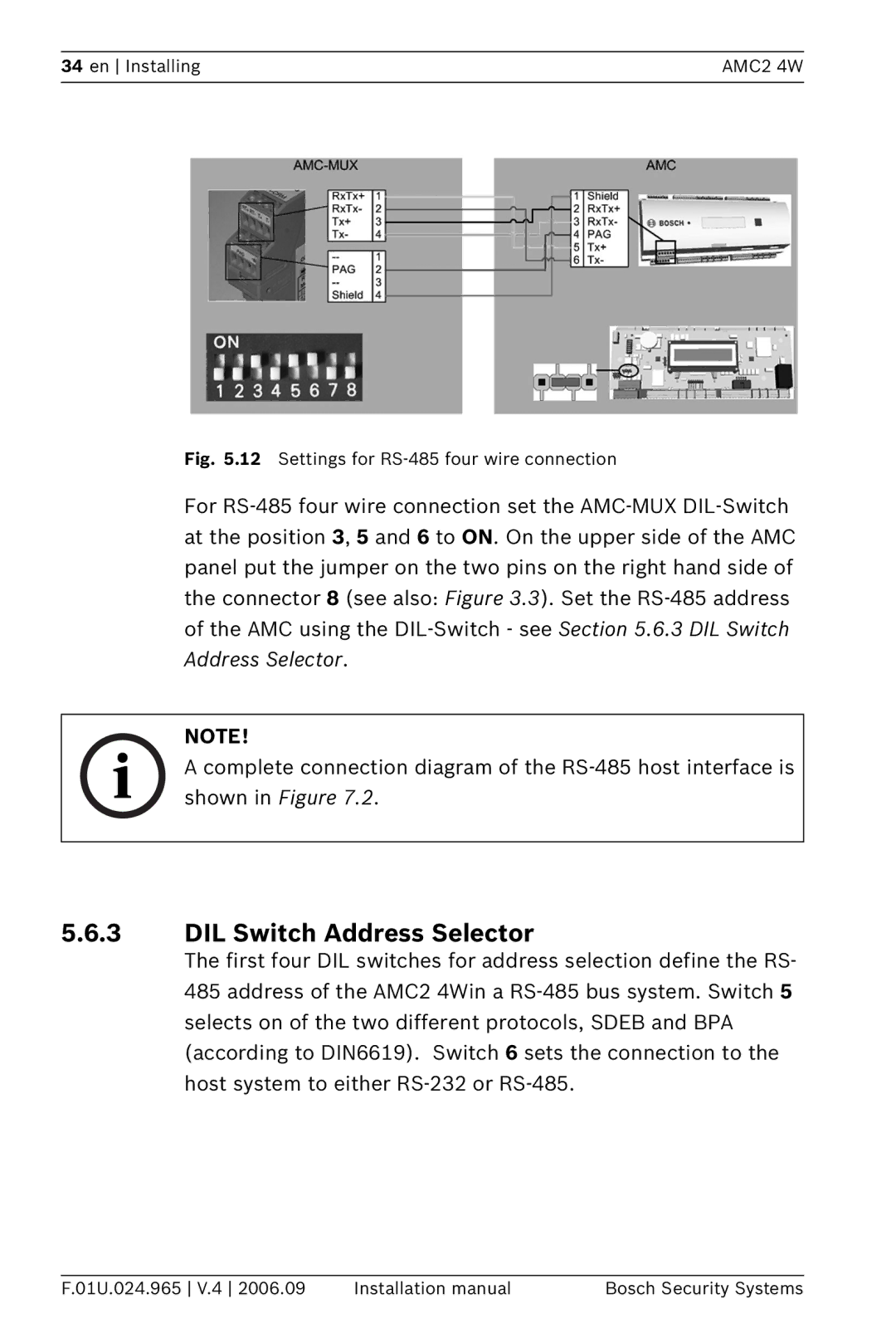 Bosch Appliances APC-AMC2-4WCF, APC-AMC2-4WUS DIL Switch Address Selector, Settings for RS-485 four wire connection 