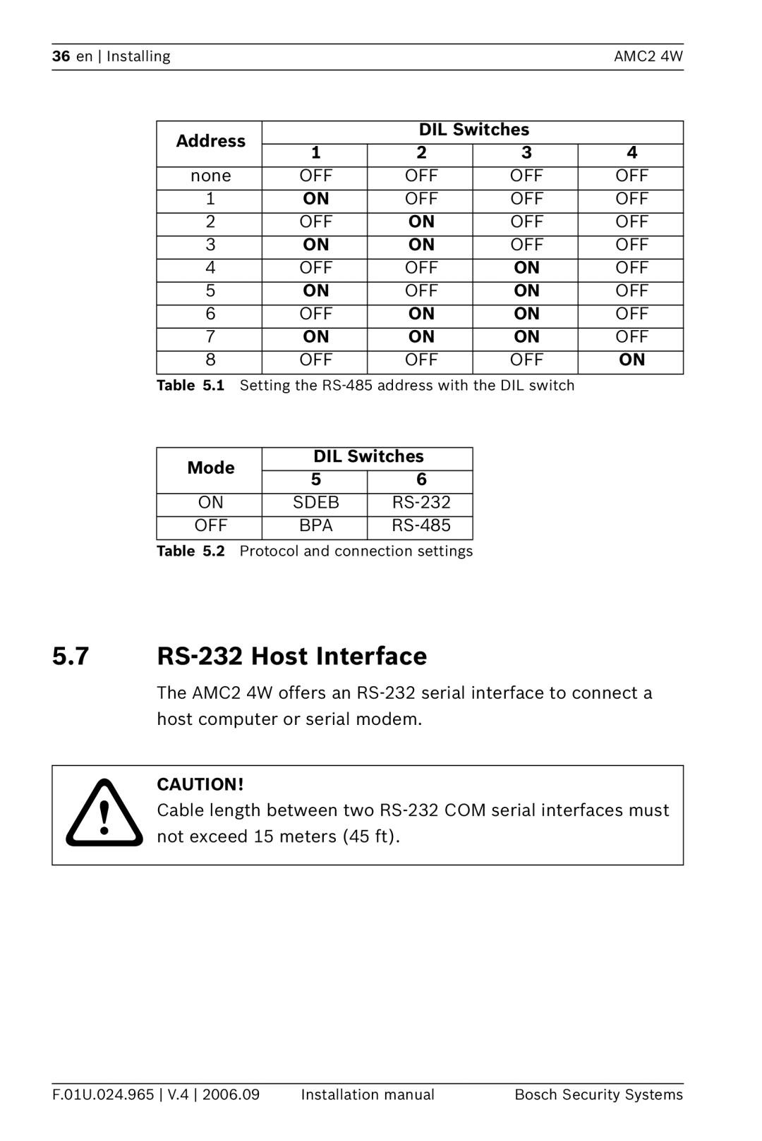 Bosch Appliances APC-AMC2-4WUS, APC-AMC2-4WCF RS-232 Host Interface, Address DIL Switches, Mode DIL Switches 