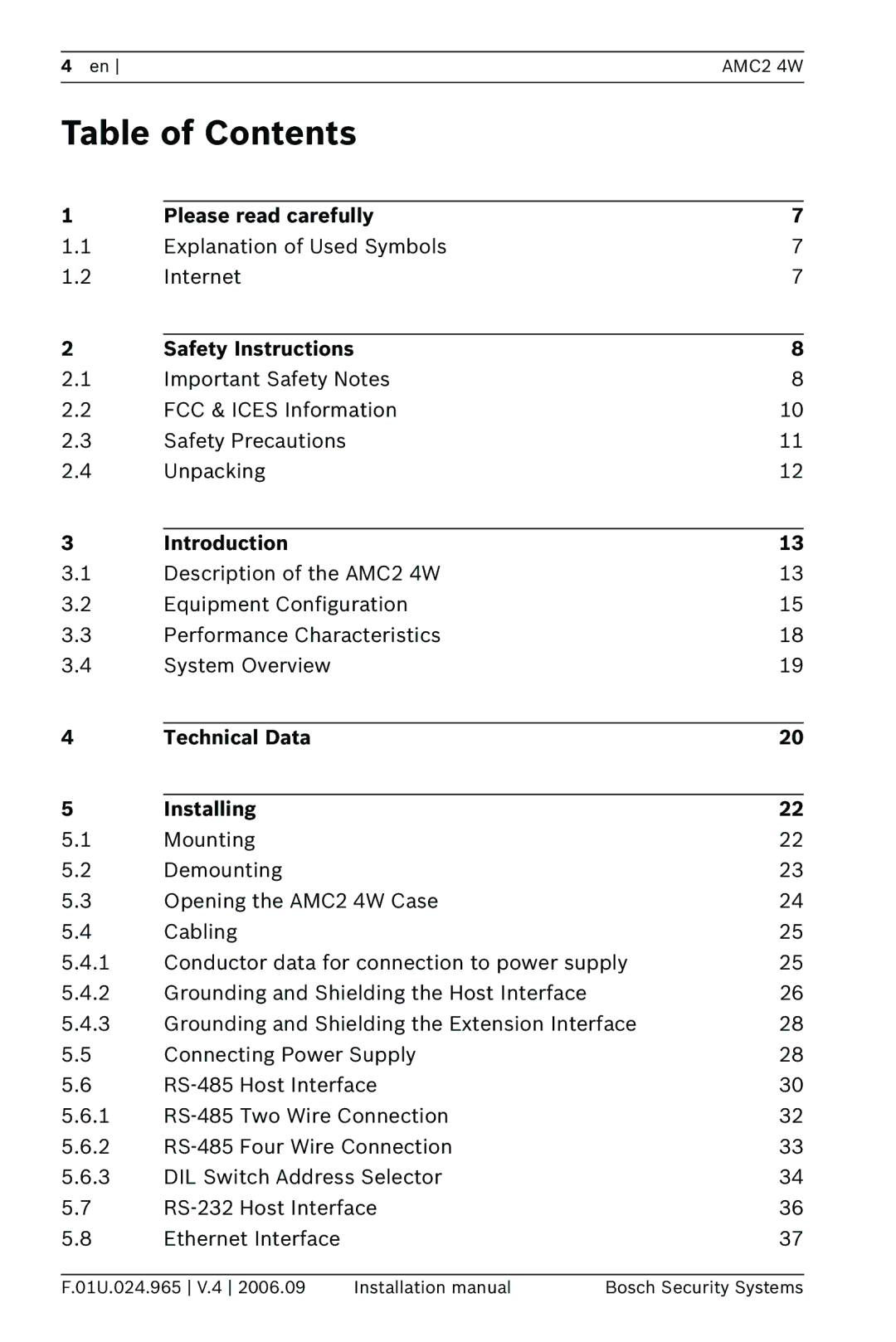 Bosch Appliances APC-AMC2-4WCF, APC-AMC2-4WUS installation manual Table of Contents 