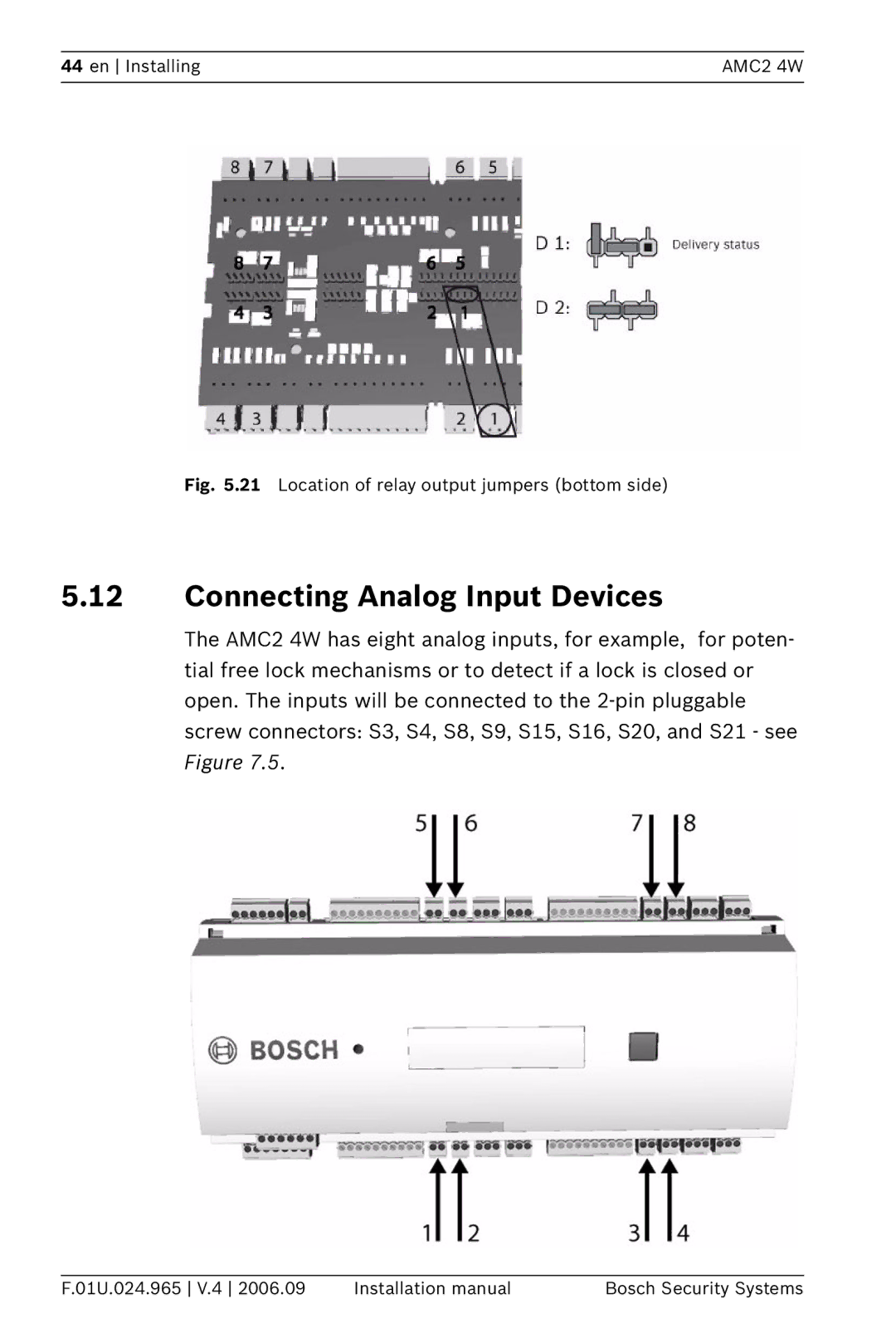 Bosch Appliances APC-AMC2-4WUS Connecting Analog Input Devices, Location of relay output jumpers bottom side 