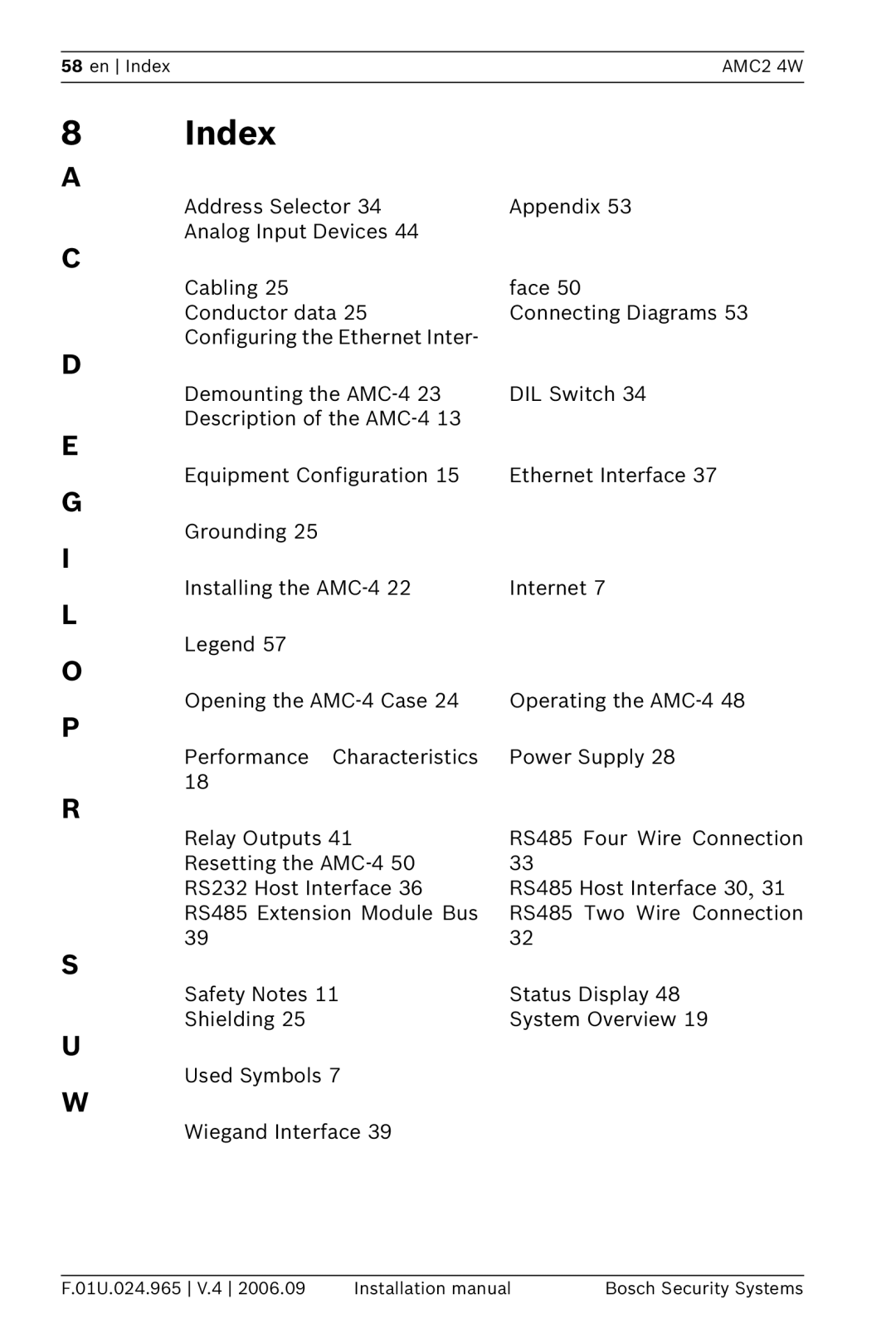 Bosch Appliances APC-AMC2-4WCF, APC-AMC2-4WUS installation manual Index, I L O P 