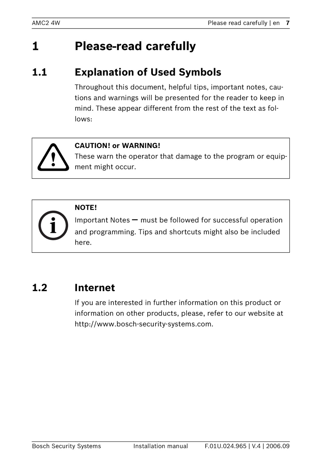 Bosch Appliances APC-AMC2-4WCF, APC-AMC2-4WUS Please read carefully, Explanation of Used Symbols, Internet 