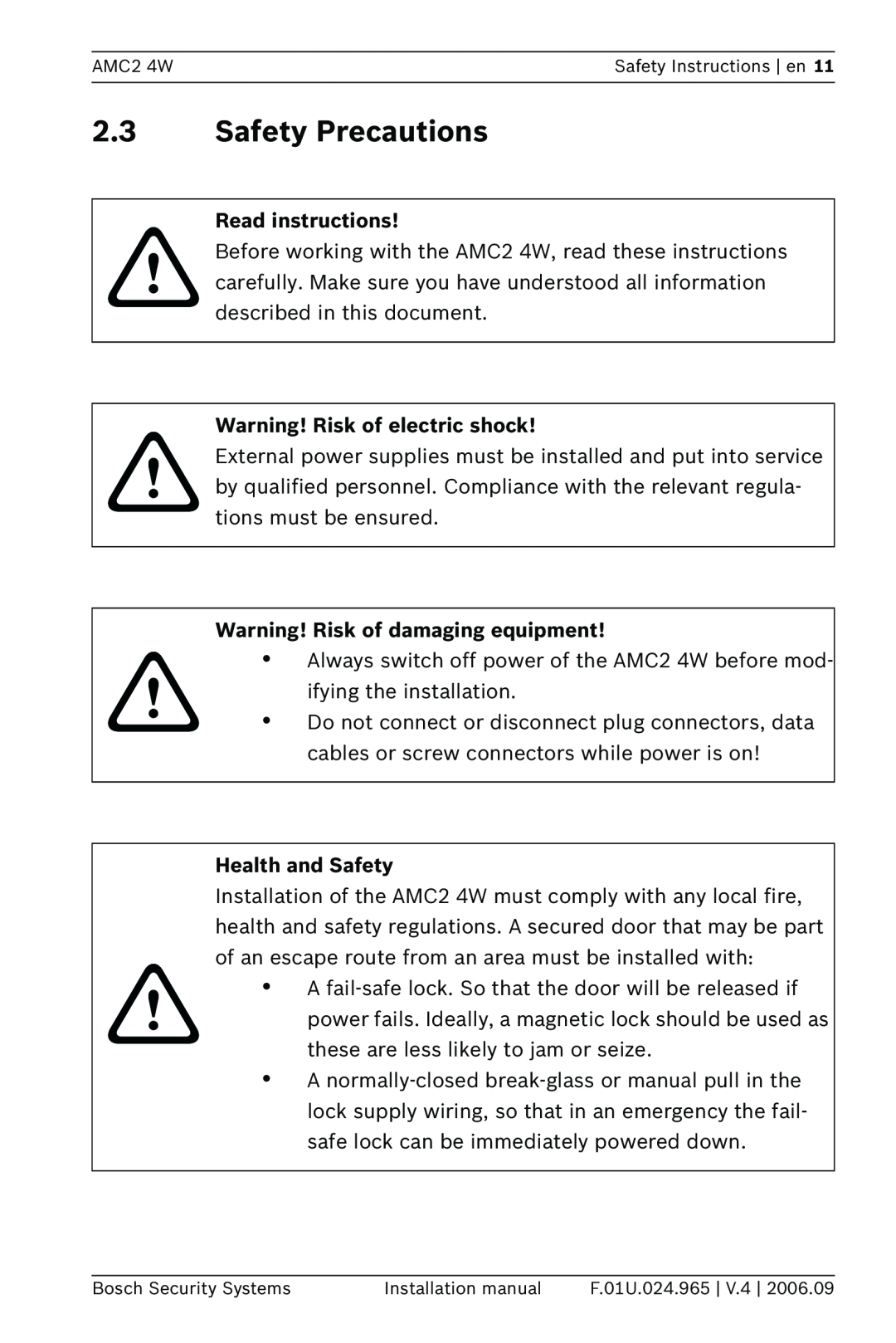 Bosch Appliances APC-AMC2-4W 2.3Safety Precautions, Read instructions, Warning! Risk of electric shock, Health and Safety 
