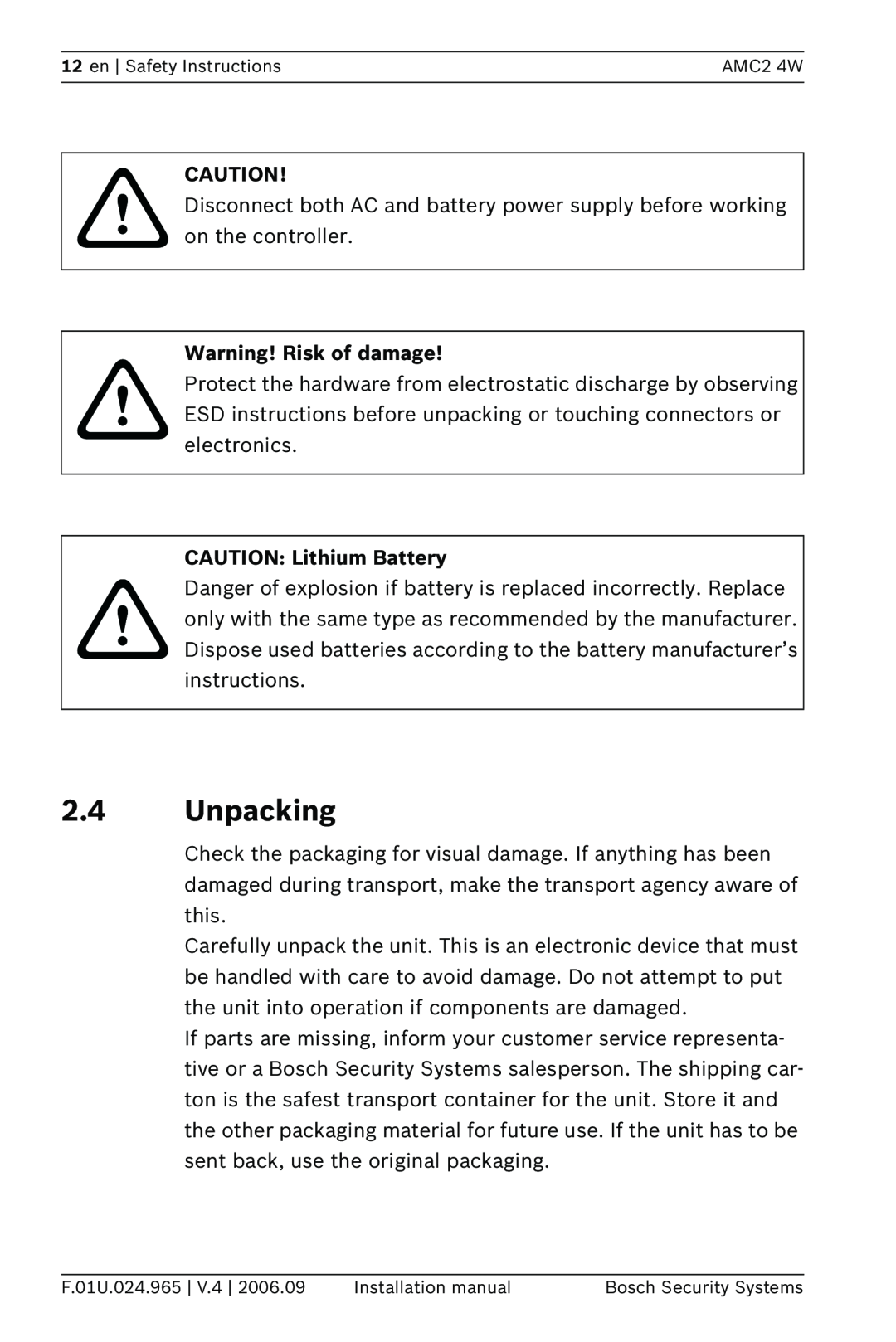 Bosch Appliances APC-AMC2-4WUS, APC-AMC2-4WCF Unpacking, Warning! Risk of damage, CAUTION Lithium Battery 