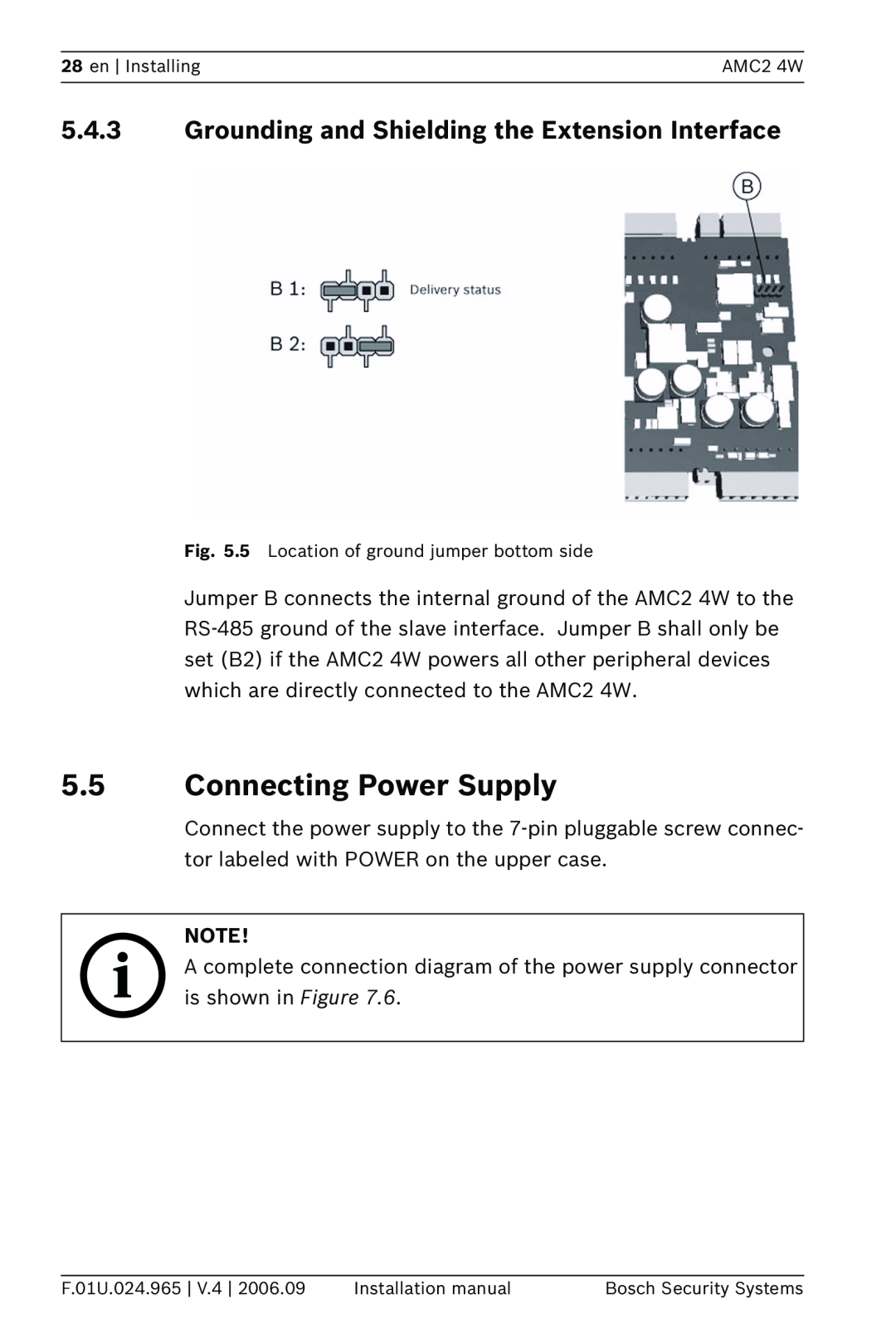 Bosch Appliances APC-AMC2-4WCF 5.5Connecting Power Supply, en Installing, AMC2 4W, 5 Location of ground jumper bottom side 