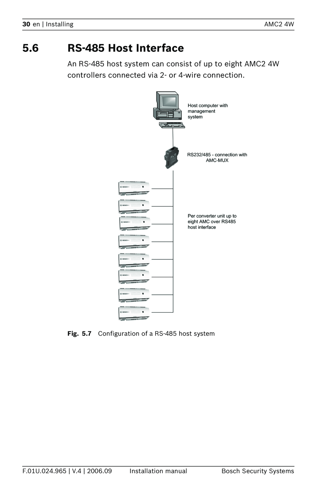 Bosch Appliances APC-AMC2-4WUS 5.6RS-485Host Interface, en Installing, AMC2 4W, 7 Configuration of a RS-485host system 