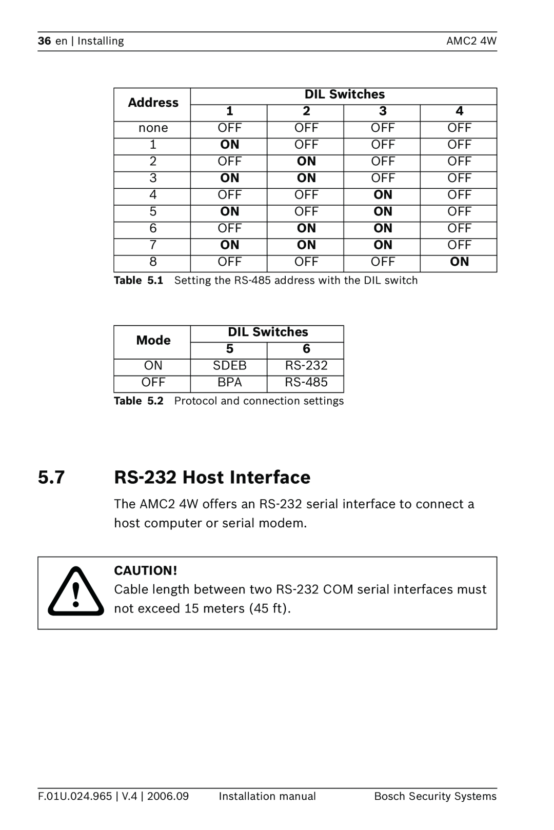 Bosch Appliances APC-AMC2-4WUS, APC-AMC2-4WCF installation manual 5.7RS-232Host Interface, Address, DIL Switches, Mode 
