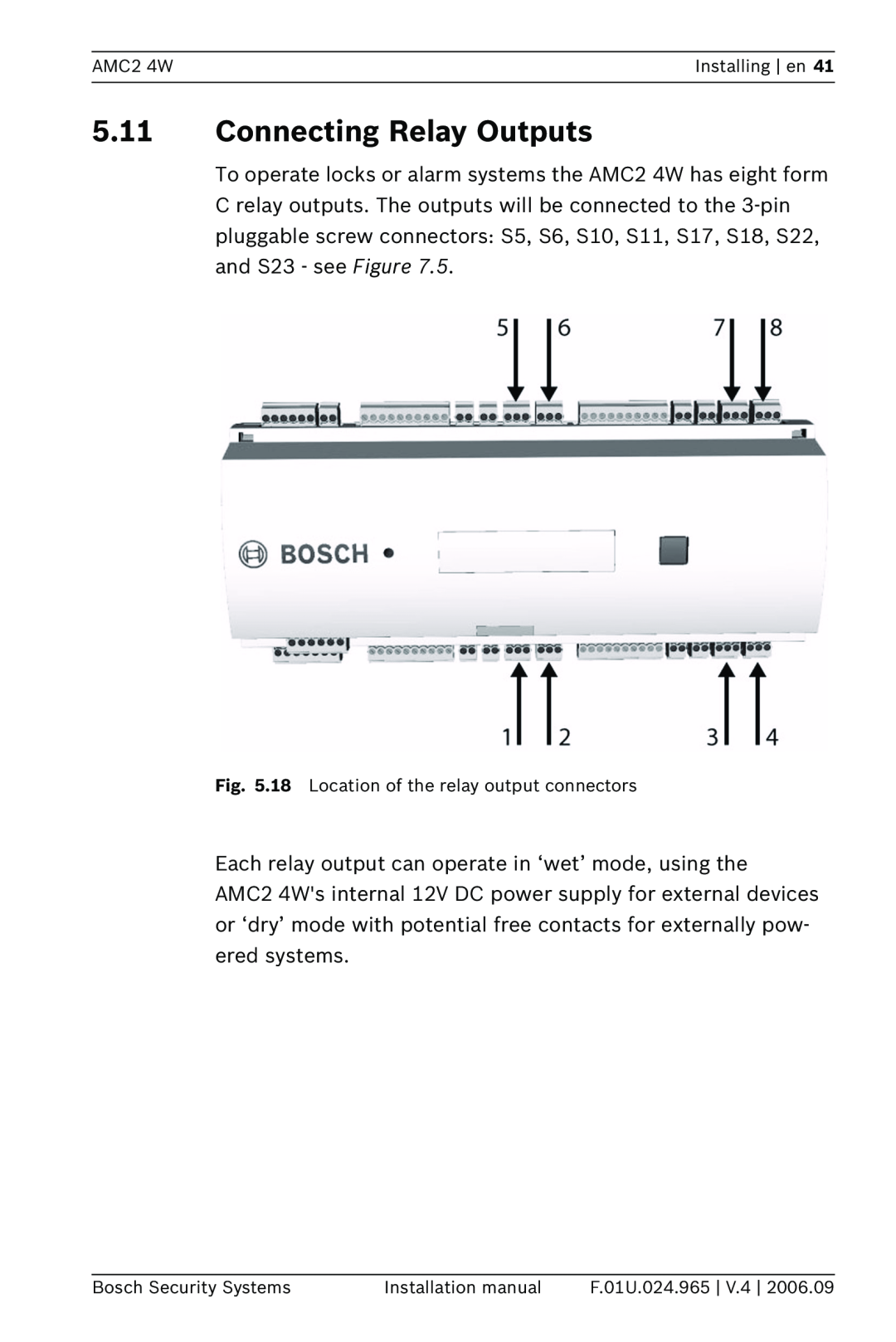 Bosch Appliances APC-AMC2-4W 5.11Connecting Relay Outputs, AMC2 4W, Installing en, Bosch Security Systems, F.01U.024.965 