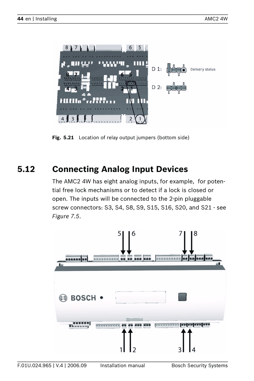 Bosch Appliances APC-AMC2-4W 5.12Connecting Analog Input Devices, en Installing, AMC2 4W, F.01U.024.965 | V.4 