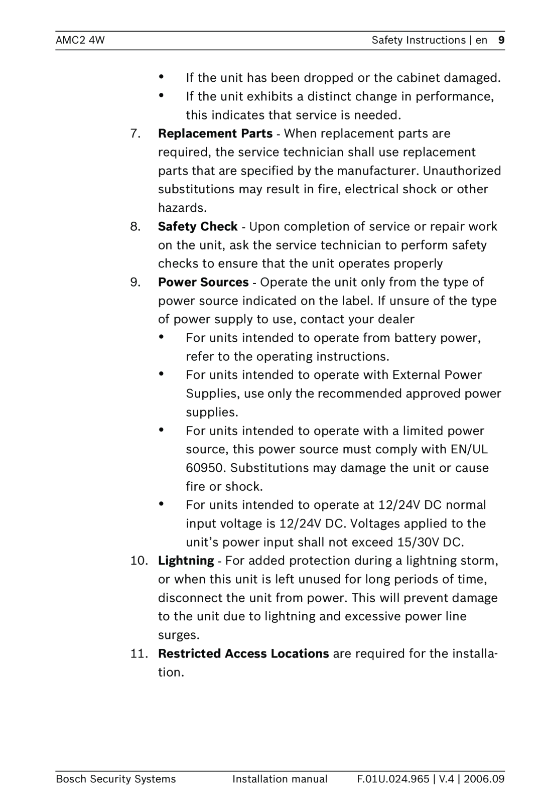 Bosch Appliances APC-AMC2-4WUS AMC2 4W, Safety Instructions en, Bosch Security Systems, Installation manual, F.01U.024.965 