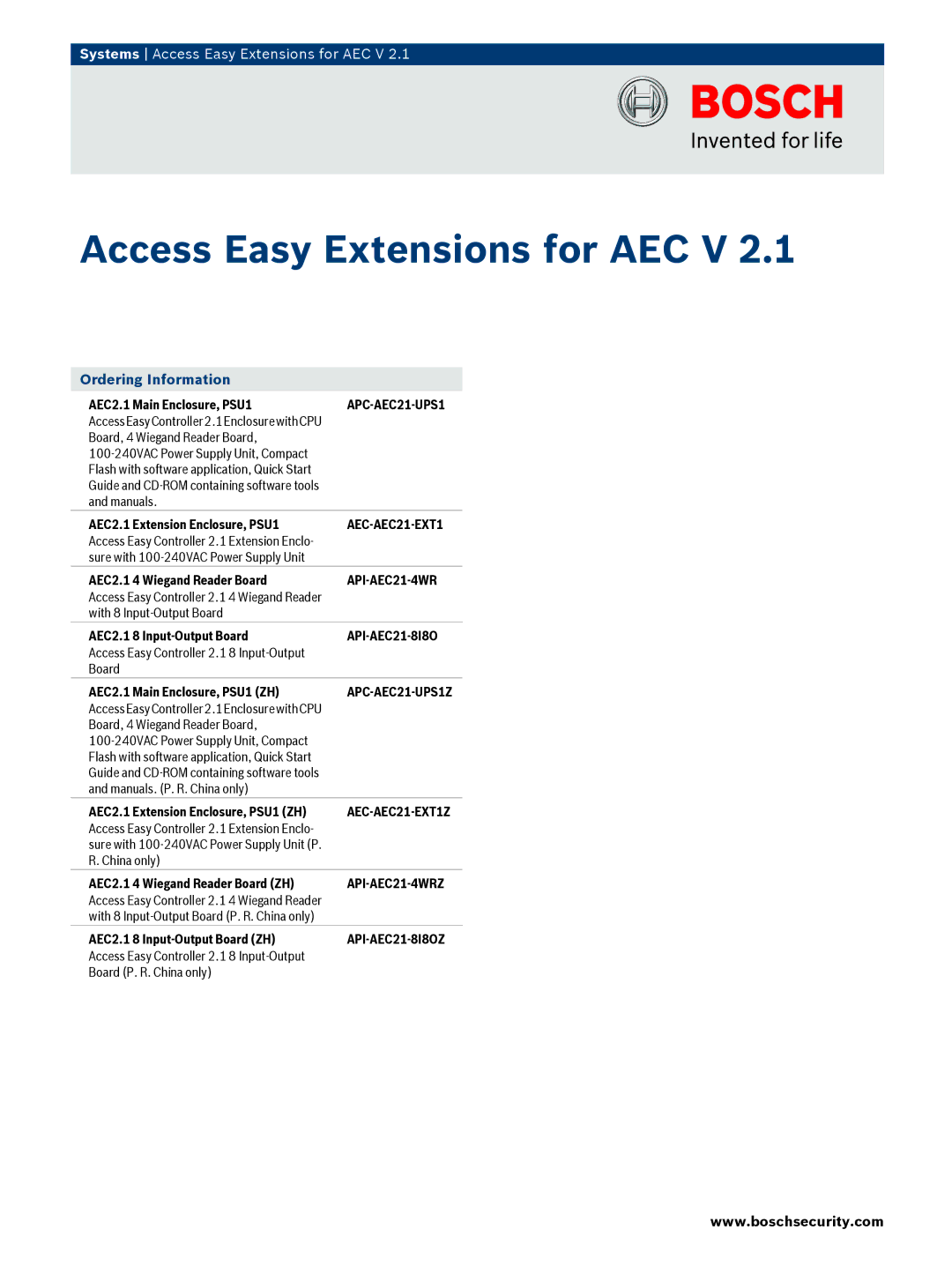 Bosch Appliances APC-AEC21-UPS1Z quick start AEC-AEC21-EXT1Z, API-AEC21-4WRZ, API-AEC21-8I8OZ 