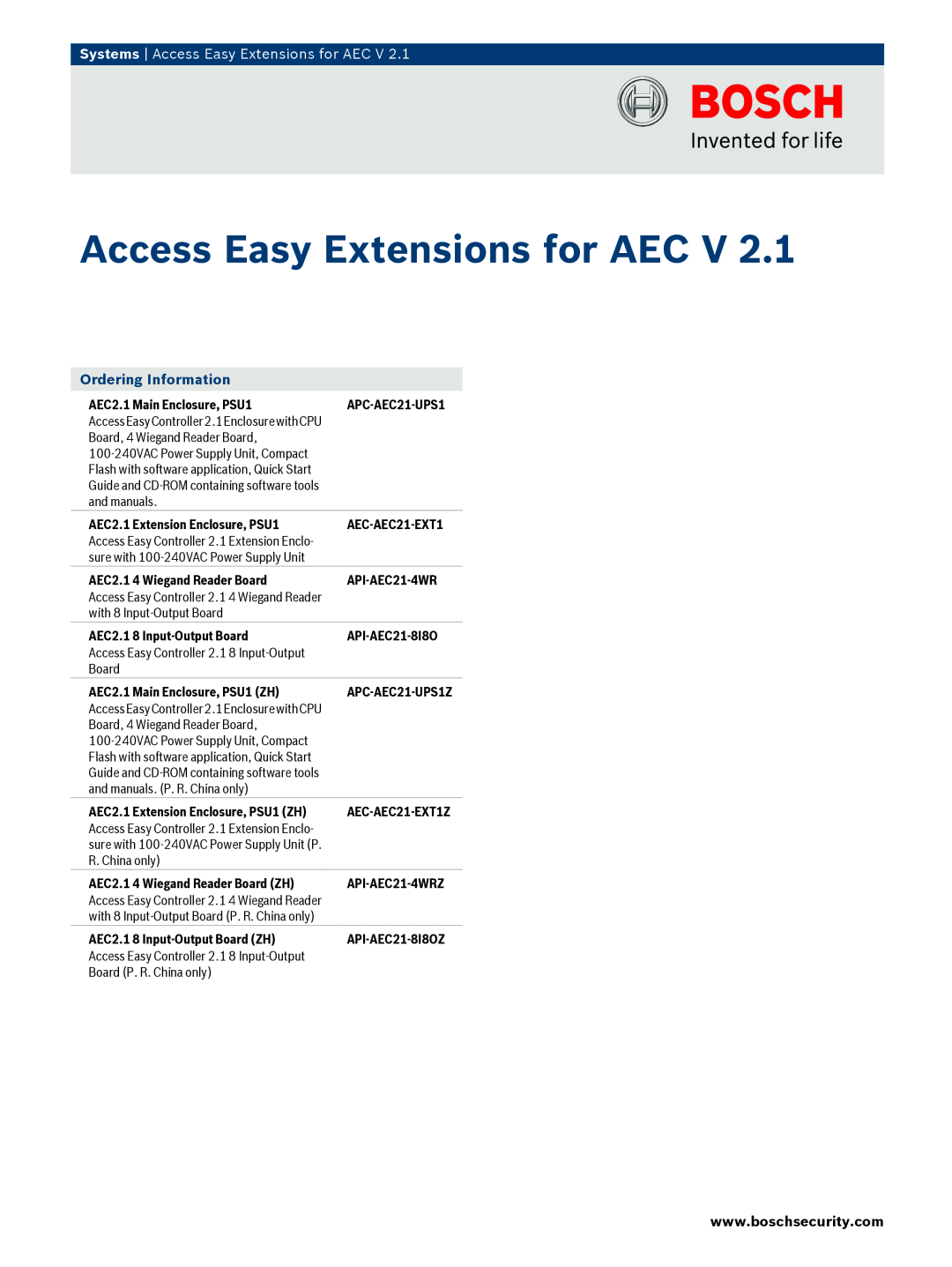 Bosch Appliances APC-AEC21-UPS1, API-AEC21-4WR quick start Systems Access Easy Extensions for AEC, Ordering Information 