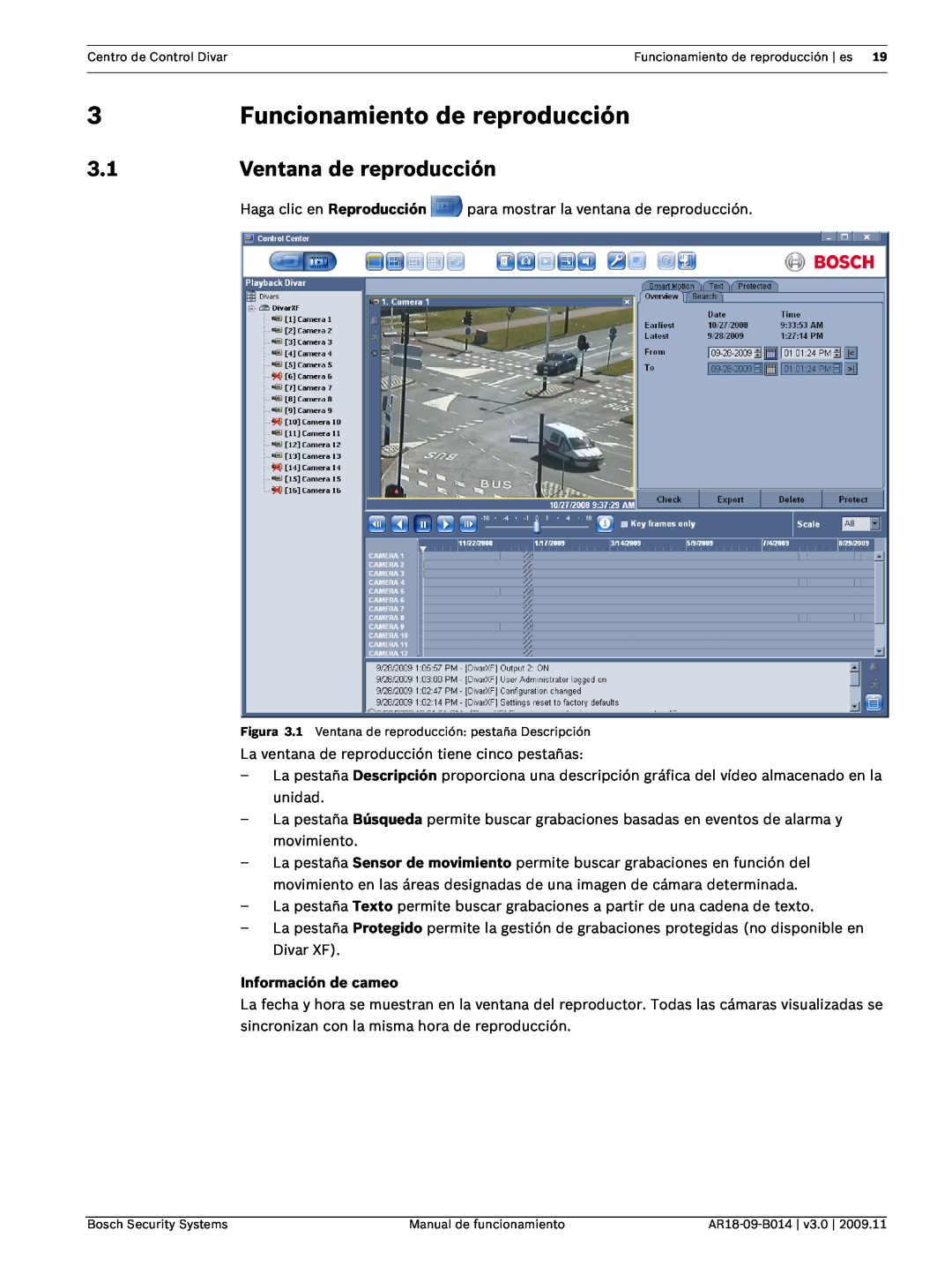 Bosch Appliances AR18-09-B014 manual Funcionamiento de reproducción, Ventana de reproducción, Información de cameo 