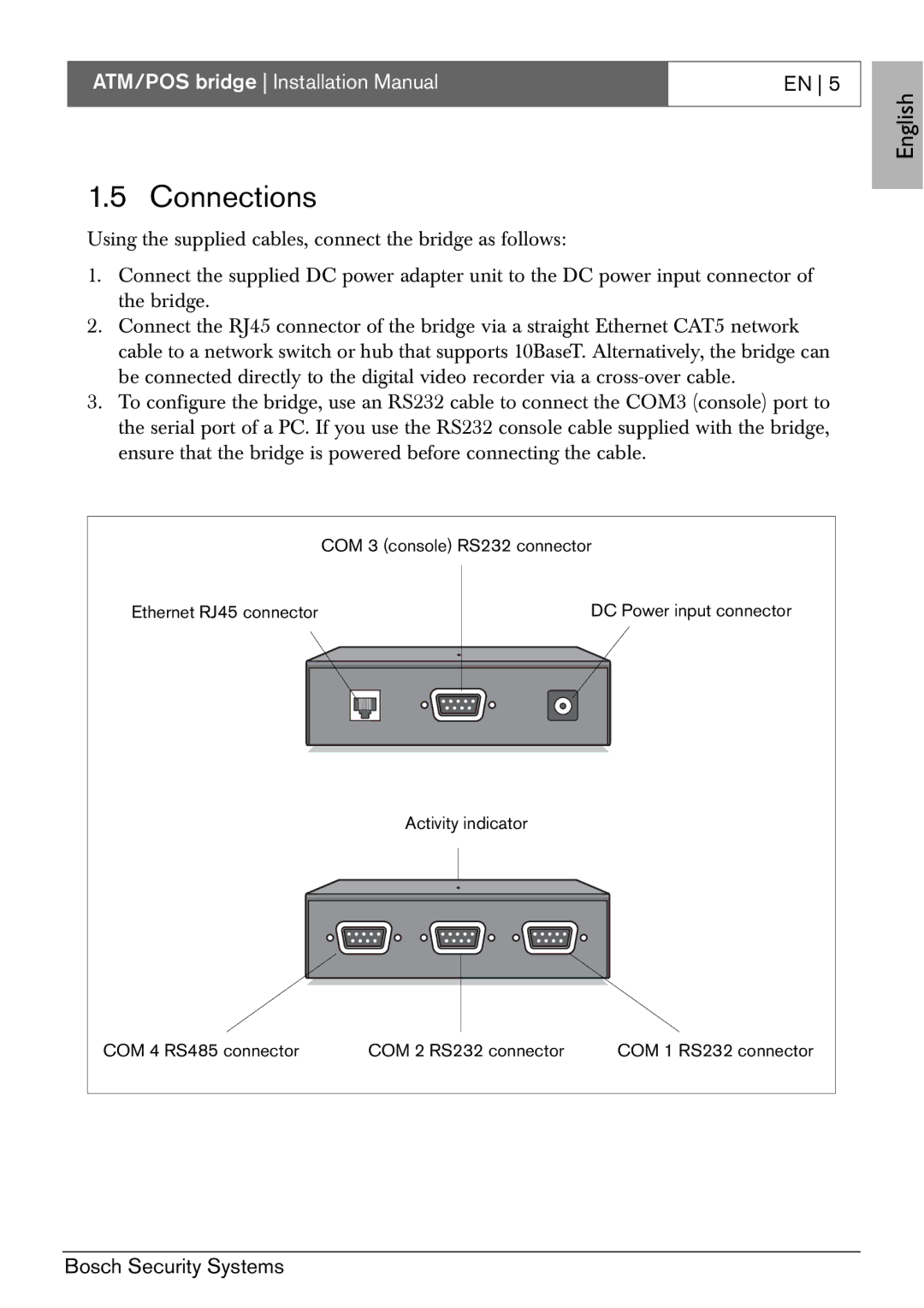 Bosch Appliances ATM/POS Bridge installation manual Connections 